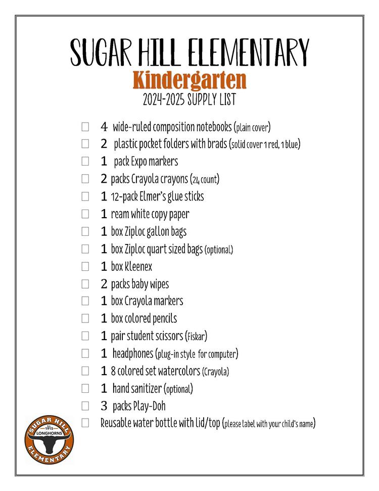 Kindergarten Supply List